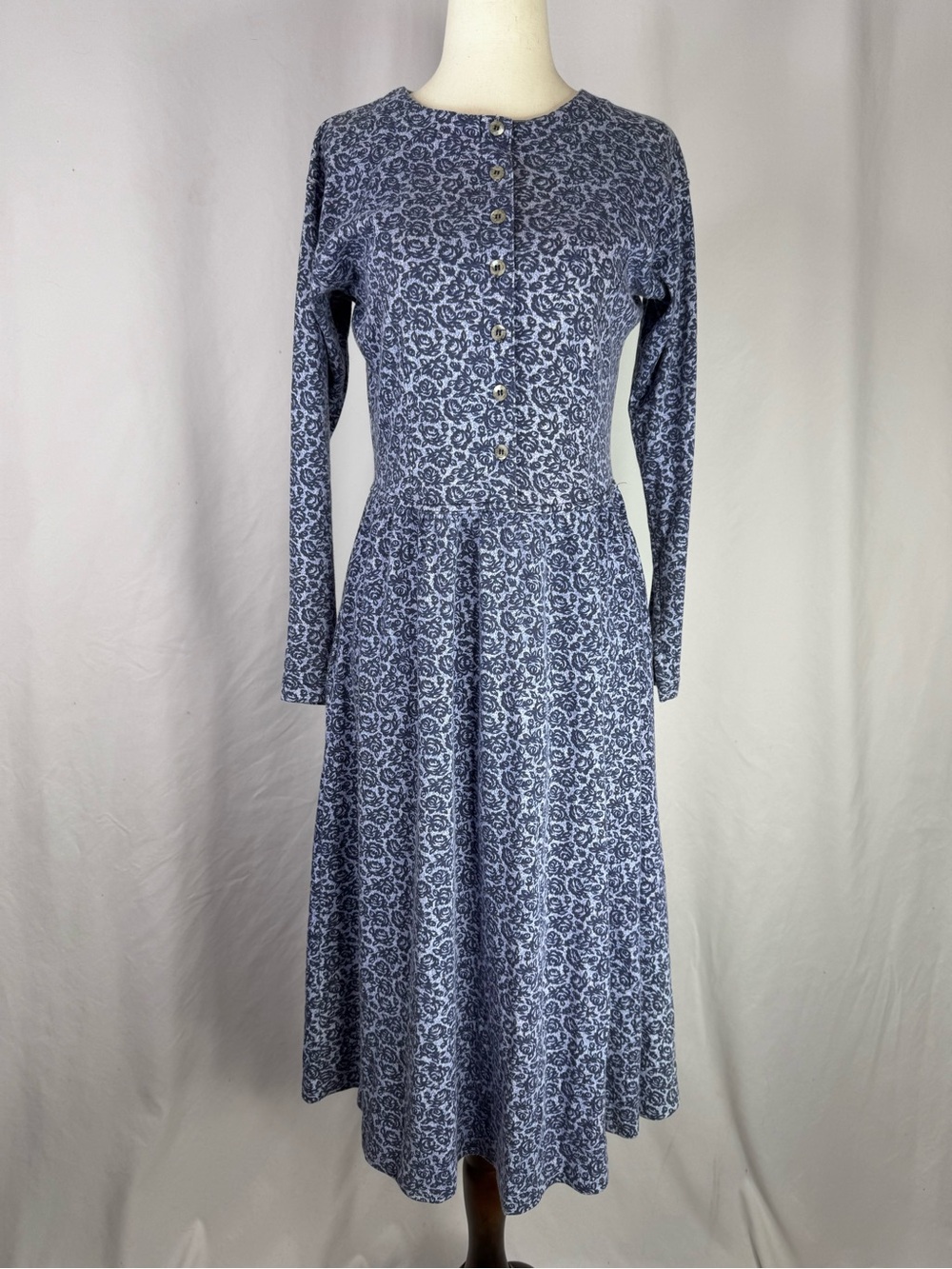 L.L. Bean Blue Floral Long-Sleeve Midi Dress with Button Placket